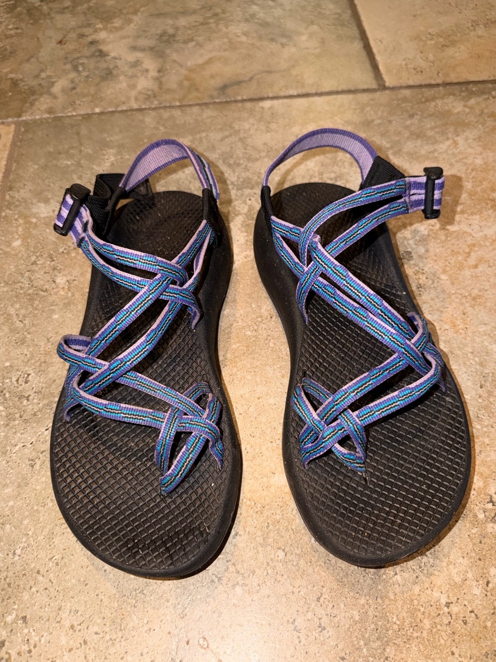 Chaco Women's ZX2 Classic Sandals in black with blue/purple striped straps